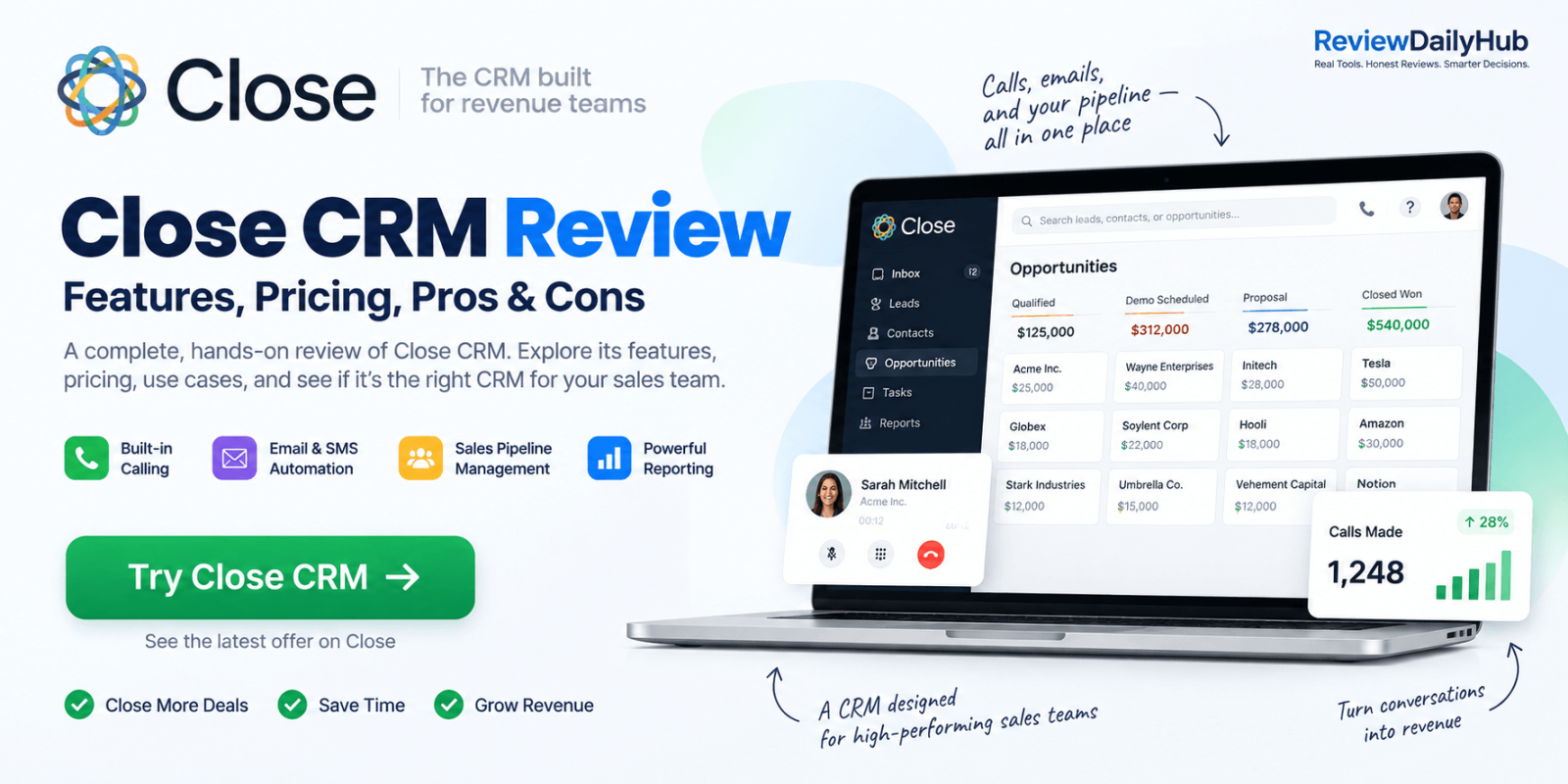 Close CRM Review: Features, Pricing, Pros & Cons (2026)